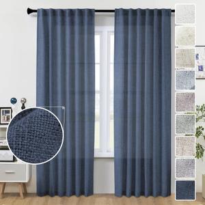 Navy Blue Linen Curtains 96 Inches Long 2 Panel Set Midnight Blue Light Filtering Privacy Semi Sheer Curtain Panels Modern Farmhouse Window Drapes for Living Room Bedroom Indigo, 8FT
