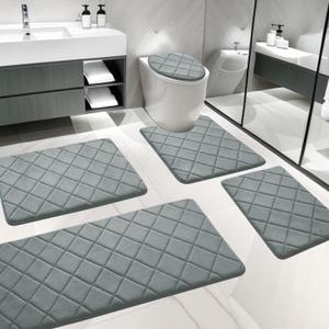 YIHOUSE Bathroom Rug Set 5 Piece, Soft Non Slip Memory Foam Bath Mat, Machine Wash Bathroom Mat Set, Water Absorbent Bath Mats for Toilet and Floor (Light Grey)