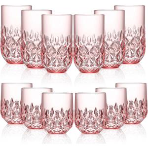 Acrylic Drinking Glasses Set of 12 Pink Mixed Drinks Glassware Unbreakable Palstic Tumbler and Rocks Glass Set 6pcs 18oz Highball and 6pcs 12 oz Cocktail Glasses for Cocktail Iced Coffee Beer Whiske