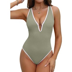 BMJL Womens One Piece Swimsuit Deep V-Neck Tummy Control Bathing Suits Ribbed Push Up Swimsuits (Medium, Army Green)