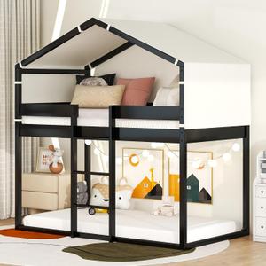 Twin Over Twin Bunk Bed Wood Beds with Tent and Ladder,House-Shaped Solid Pinewood Bed Frame W/Full-Length Guardrails,& Slat Support,for Kids,Girls,Boys,Teens,Espresso
