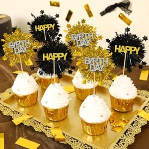 LOLStar 12 PCS Happy Birthday Cake Toppers, Black and Gold Foil Cupcake Toppers, Glitter Tinsel Cupcake Decor, Food Picks Drink Stirrers Cocktail Toothpicks for Celebrating Party Supplies, Set of 3