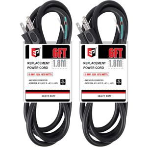 EP 2 Pack 6 ft 14/3C SJTW Appliance and Power Tool Cord, 14 Gauge 3 Prong Heavy Duty Replacement Power Supply Cord Cable, 110V 115V 120V AC Pigtail, 15A, 1875w