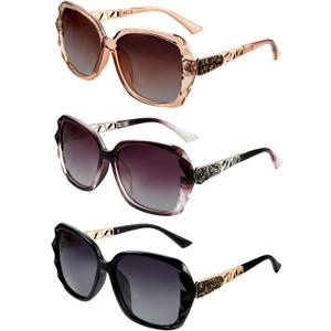 Frienda 3 Pieces Women Polarized Oversized Sunglasses Shiny Composite Frame Sunglasses Vintage Rhinestone Glasses (Champagne Purple Black)
