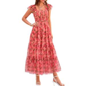 PRETTYGARDEN Women's Summer Tulle Midi Dress Sleeveless Smocked Ruffle Flowy Mesh Dresses Party Wedding Guest Sundress (XL)
