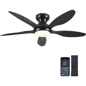 Ceiling Fans with Lights, 46 inch Modern Black Low Profile Ceiling Fan with Light and Remote App Control, Flush Mount, Quiet DC Reversible, Dim Led Ceiling Fan for Bedroom Kitchen Indoor/Outdoor Patio