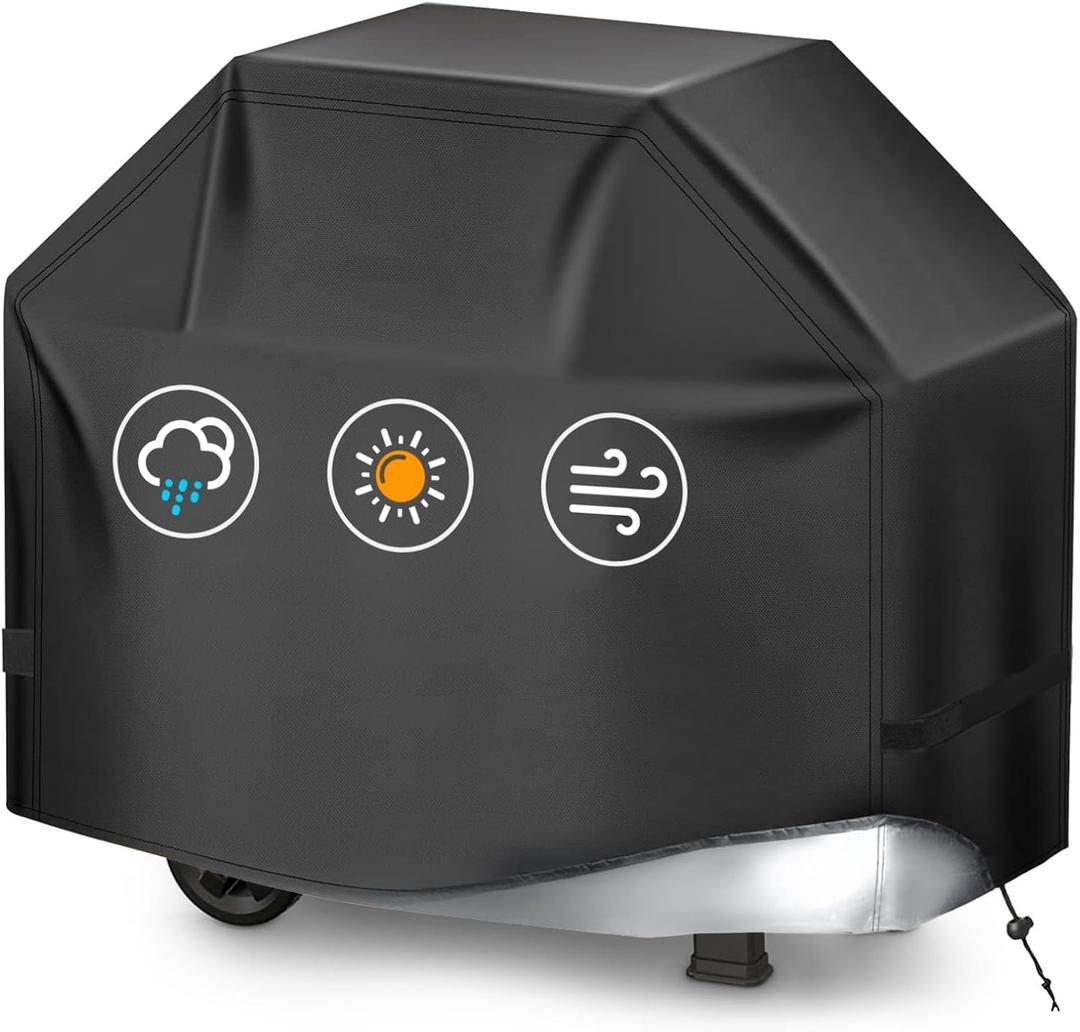 BBQ Gas Grill Cover for Outdoor, Anti-UV, Rip-Proof, 600D Oxford Fade Resistant Material, Barbecue Cover with Hook and Loop Straps & Adjustable Hem Drawstring (Black, 60”x24”x44”)