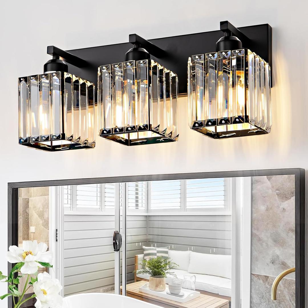 Black Bathroom Vanity Light 3 Lights, Crystal Bathroom Wall Light Fixtures Modern Vanity Light Over Mirror (Exclude Bulb), Black Straight