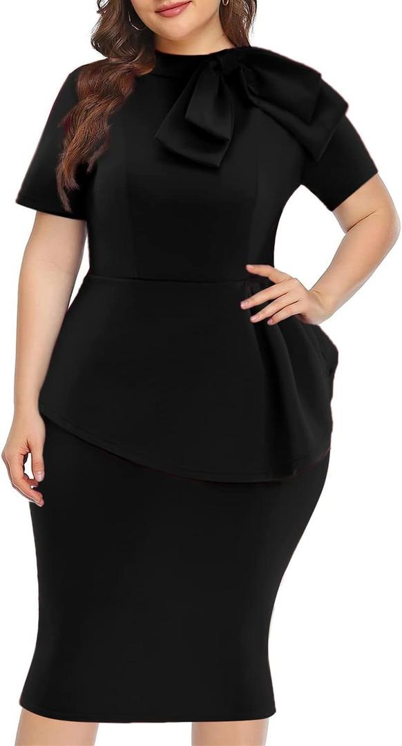 Plus Size Dress for Curvy Women Semi Formal Cocktail Party Midi Dress Bodycon Short Sleeve Bow Ruffle Pencil Dresses (XX-Large Plus, 5427-2 Black)