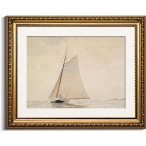 VIYYIEA Gold Framed Wall Art Canvas Print Home Decor for Living Room White Sailboat Seascape Watercolor Vintage Beach Painting on Canvas - Coastal Wall Art Prints for Bedroom Office Bathroom 13x16in