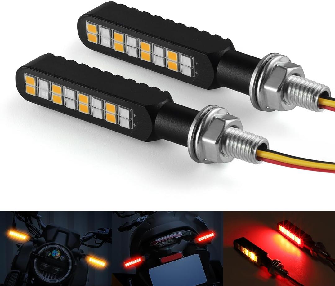 2PCS Flowing LED Motorcycle Turn Signal Strobe Brake Tail Lights, Aluminum Alloy 12V Super Bright Motorbike Front Rear Blinkers Fit for Harley Honda KTM Kawasaki Suzuki Yamaha - Red & Amber