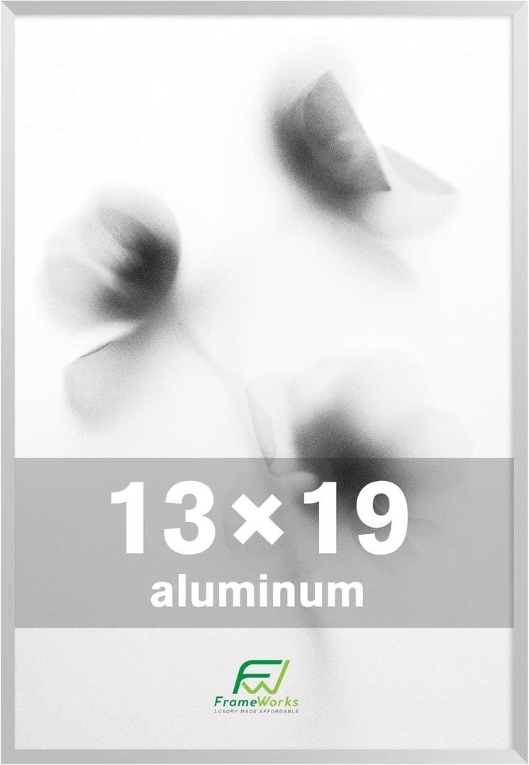 FrameWorks 13x19 Brushed Aluminum Poster Frames Modern Brushed Metal Design w/Shatterproof Plexiglass, Perfect for Posters, Artwork, Paintings, Wall Displays Home or Office Decor, Silver - 1 Pack