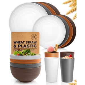 Teivio 16-Piece Kitchen Plastic Wheat Straw Dinnerware Set, Service for 4, Dinner Plates, Dessert Plate, Cereal Bowls, Cups, Unbreakable Plastic Outdoor Camping Dishes, Farmhouse