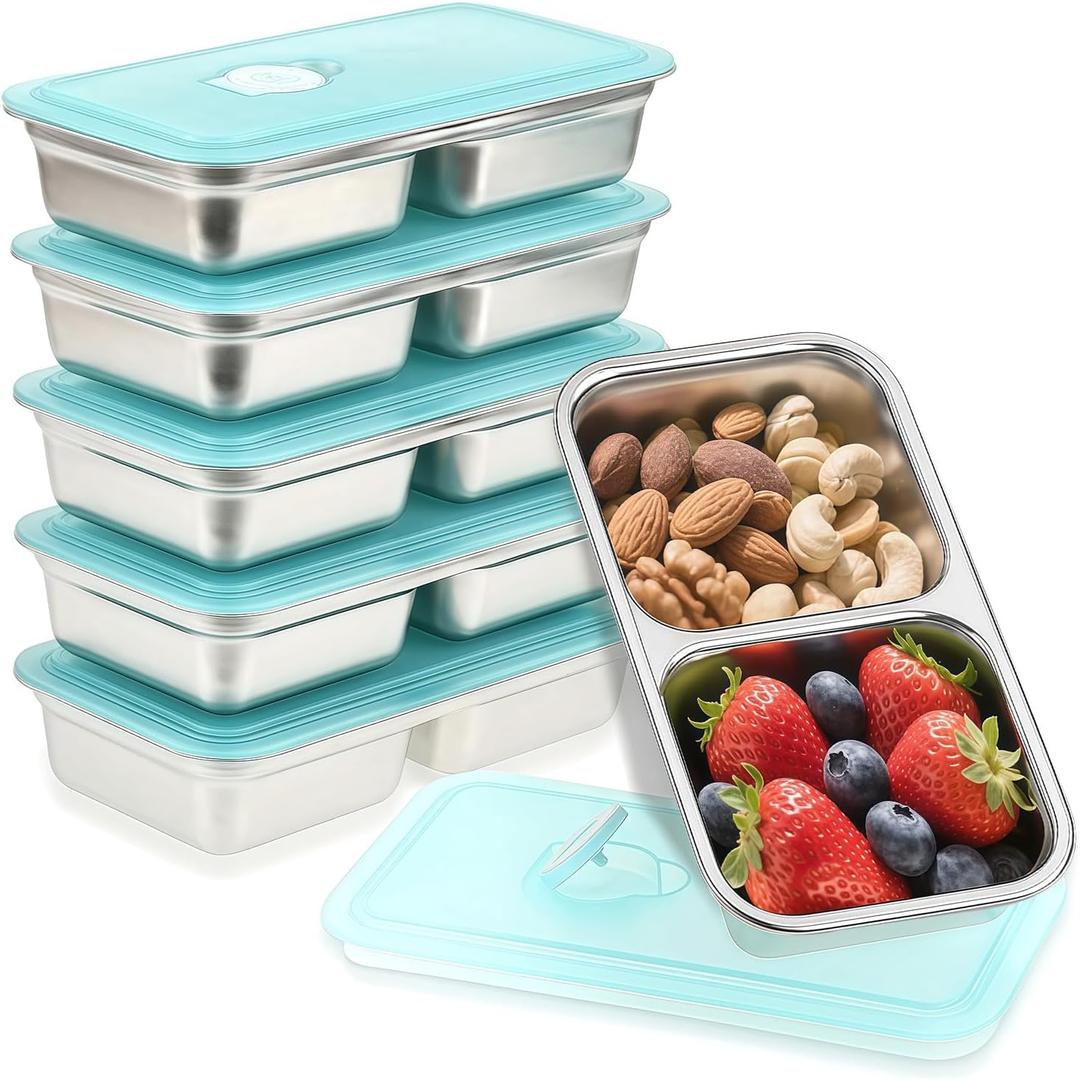 Stainless Steel Snack Containers, 6-Pack Reusable Grab and Go Containers with Lids, Dual Compartment Bento Box for Travel, Camping & Lunch Prep