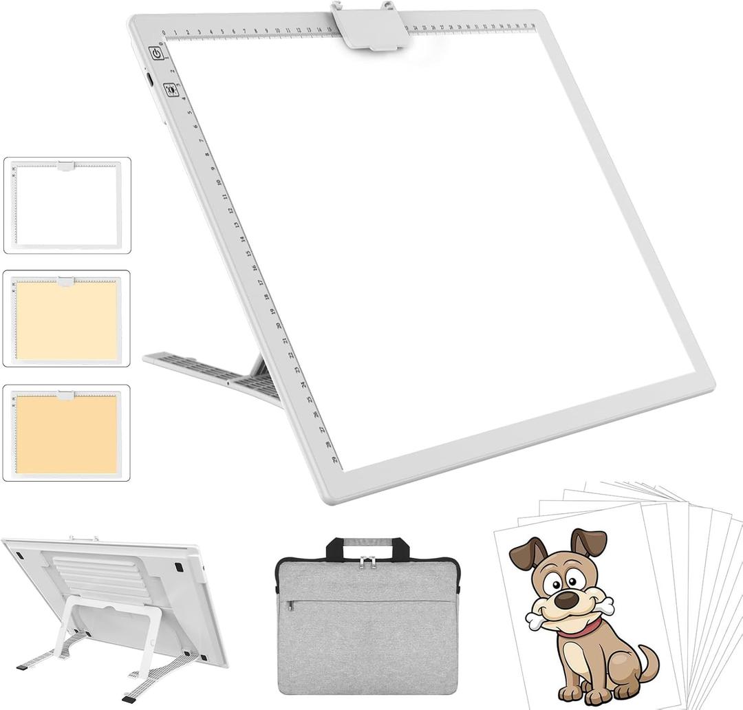 Wireless Rechargeable A3 Light Pad with Carry Bag, Diamond Art Light Board 2500mAh Battery, 3 Color Temperatures and Stepless Dimming, Light Box for Tracing, Diamond Painting, Weeding Vinyl