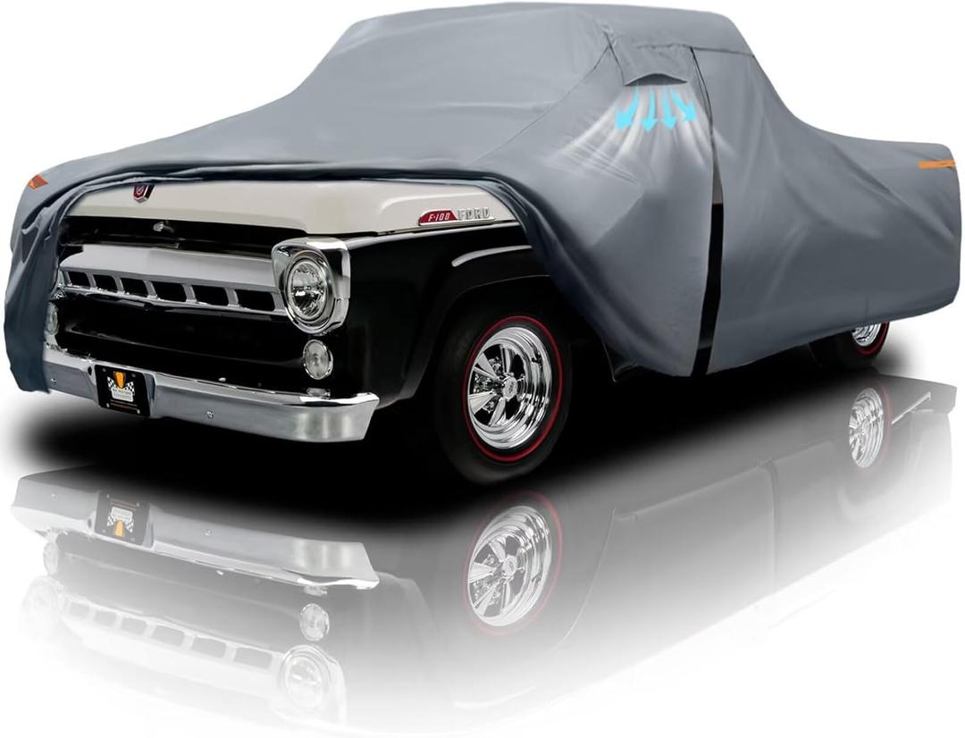 Ford F-100 Truck Cover Custom Fit 1953-1983 Regular/Extended/Crew Cab Short Bed(6.4'-8.5') with Door Zipper, 10 Layers Outdoor Pickup Truck Cover Waterproof All Weather, Wind Dust Sun Protector.
