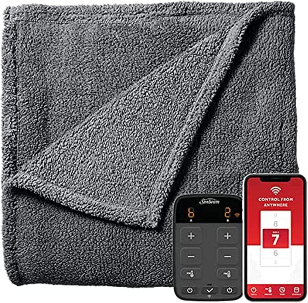 Sunbeam Electric Wi-Fi Connected Loftec Electric Heated Blanket, 10 Heat Settings, 10-Hour Auto Off, Fast Heating, Smart Heating Blanket, Voice & Wired Controller, Night Fog Grey, Queen, 90" x 84"