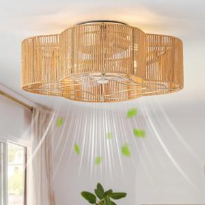 Boho Ceiling Fans with Lights, 20" Low Profile Ceiling Fan with Light Remote Control, Bladeless Flush Mount with 6 Speeds for Bedroom, Nursery, Living Room. (Ivory)