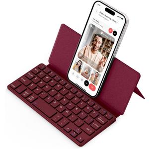 CACOE Wireless Keyboard with Stand, Mini Keyboard for Cell Phone, Ultra-Slim Portable, Foldable, Dual-Channel QWERTY with Stand Holder for Smartphone and More iOS Android Windows, Wine Red