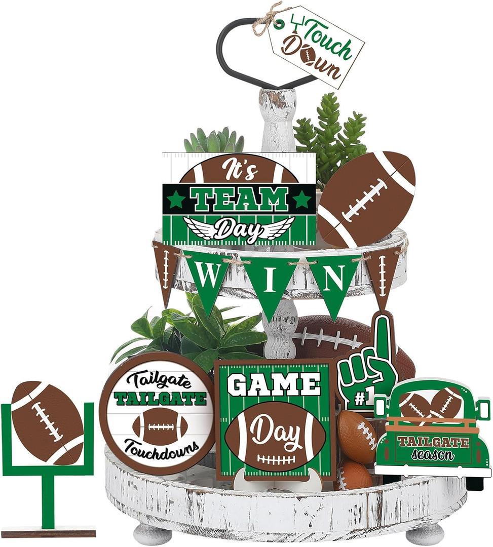 13 Pcs Football Tiered Tray Decor Wooden Football Table Centerpieces Decor Rustic Wooden Sport Game Sign for Fans Rugby Theme Party Supplies