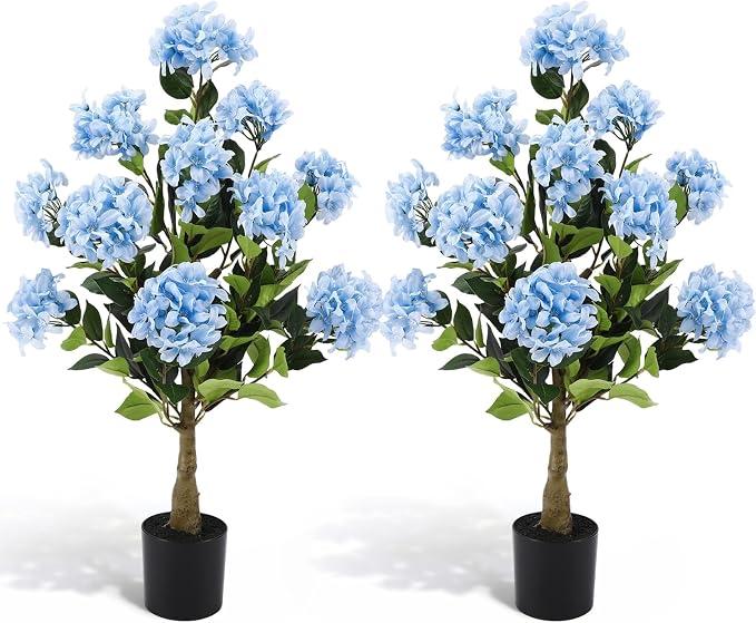 Lunmon 2 Pack 3ft Blue Artificial Hydrangea Tree Faux Hydrangea Tree UV Resistant Faux Silk Plant with Cement Base Pot Realistic Topiary Plant for Indoor Outdoor Garden Office Home Porch Patio Decor