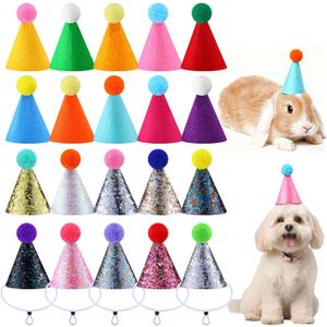 Tegeme 20 Pcs Mini Party Hats for Stuffed Animals Felt Glitter Birthday Party Cone Hats Multicolor Tiny Hat with Pom Pom for Pet Dog Cat Rabbit Doll Animal Figure Assorted Decoration Costume Accessory