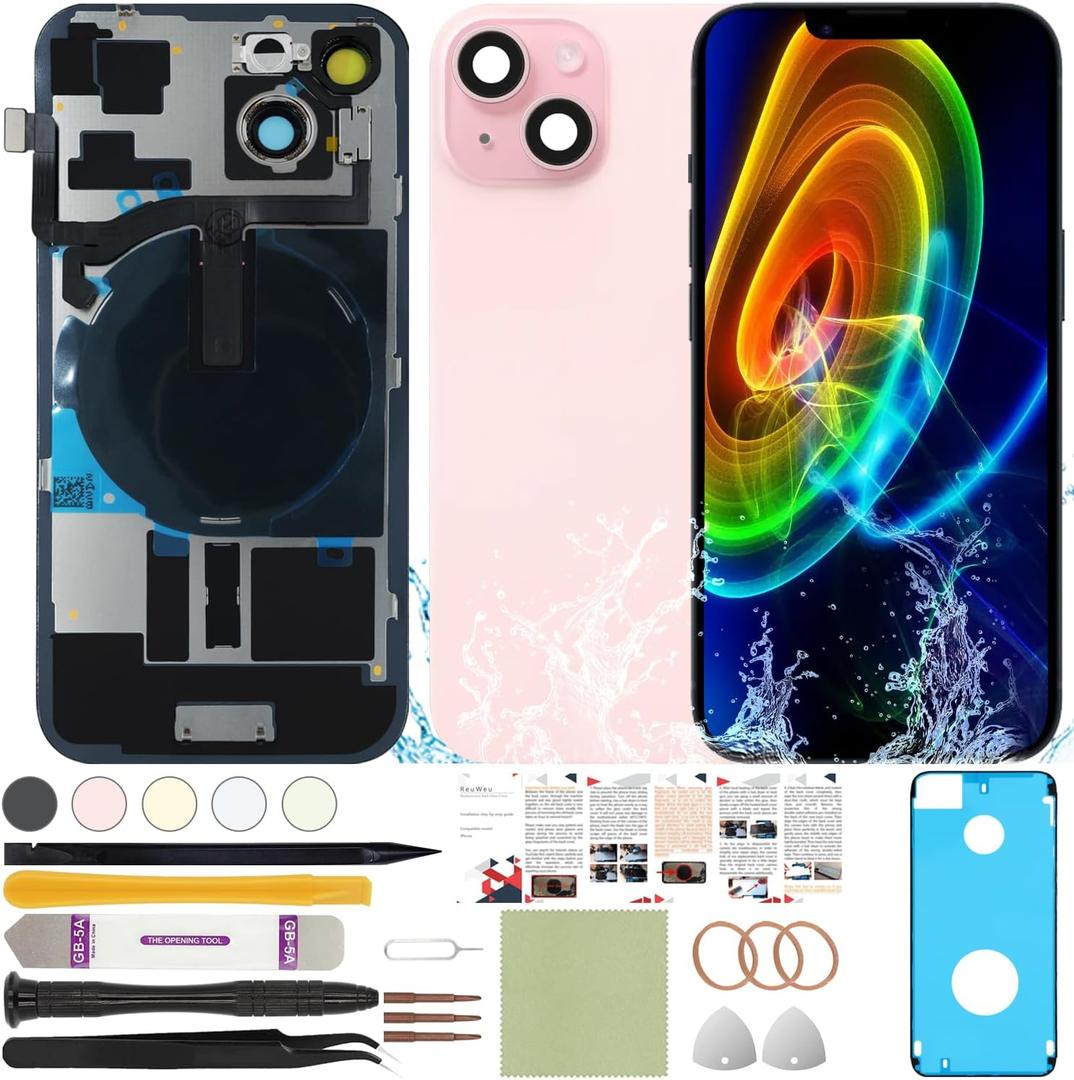 Back Screen Glass Replacement Compatible with iPhone 15 All Carriers 6.1" + Pre-Installed Plate + Wireless Charging Coil Flex Cable + Microphone + Flashlight + Camera Frame (Pink)