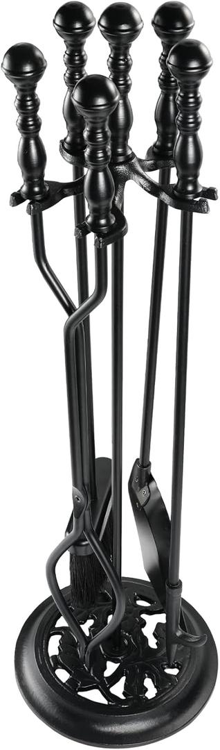 5 Pieces Fireplace Tools Sets Wrought Iron Firewood Kit with Handle Durable Tool Set and Holder for Fire Pit Stand Indoor Tong Shovel Poker Brush Firewood Accessories (Black)