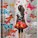 Tucocoo Pictures for Living Room Colorful Butterfly Paintings 1 Pieces Canvas Banksy Girl Street Graffiti Wall Art Modern Artwork Home Decor Giclee Framed Stretched Ready to Hang Gifts 12x16 inches