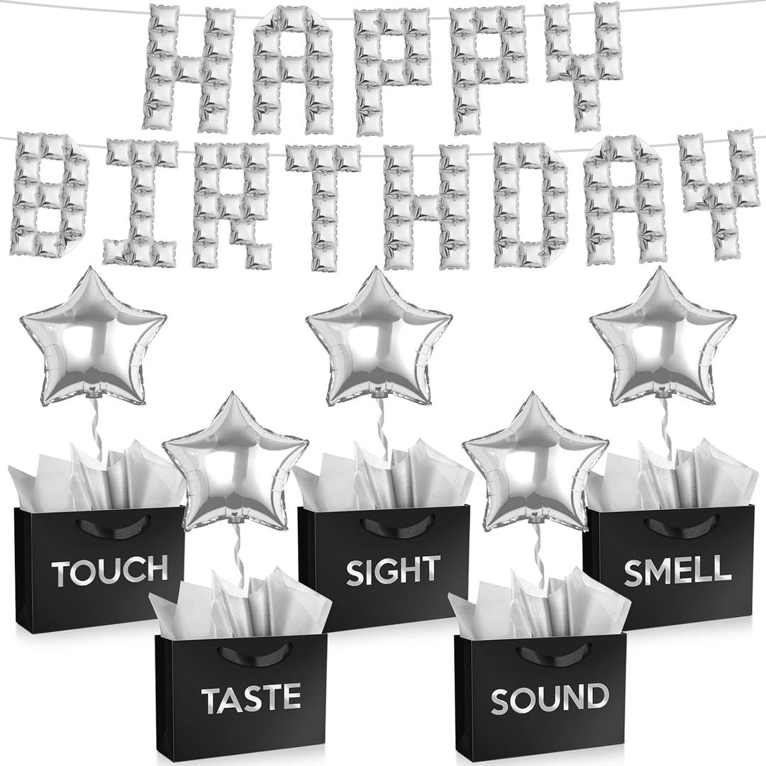Supervitae 5 Senses Gift Birthday Decoration Five Senses Gift Bag for Him with Happy Birthday Banner Balloon Tissue Paper Taste Touch Sound Sight Smell Bag for Women Men(Black,Vivid Style)