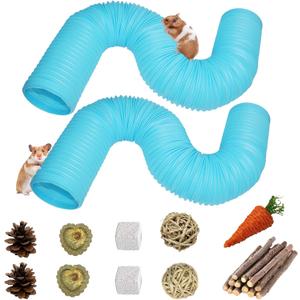 PINVNBY 2 PCS Hamster Tunnels,Plastic Ferret Tunnel,Guinea Pigs Tubes Hamsters Foldable Exercising Training Hideout Tube with 19 PCS Small Animals Toys for Mouse Gerbils Rats Mice(Blue)