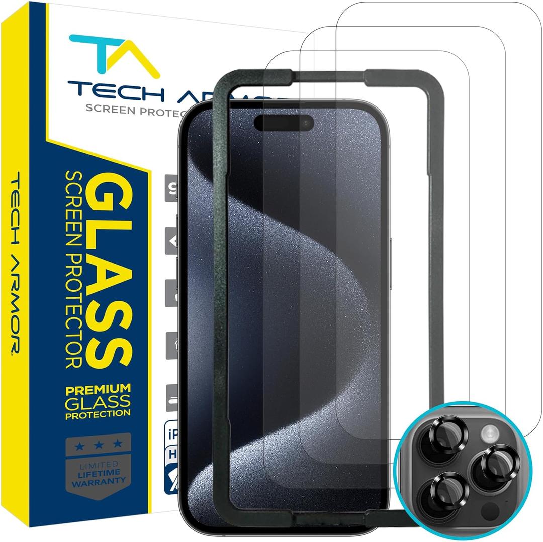 Tech Armor for Apple iPhone 15 Pro Max Screen Protector Glass 6.7 inch - Ballistic Tempered, Case Friendly, Easy Install, Sensor Protection, HD, 9H Hardness, 3 Pack + Bonus Camera Lens Protectors