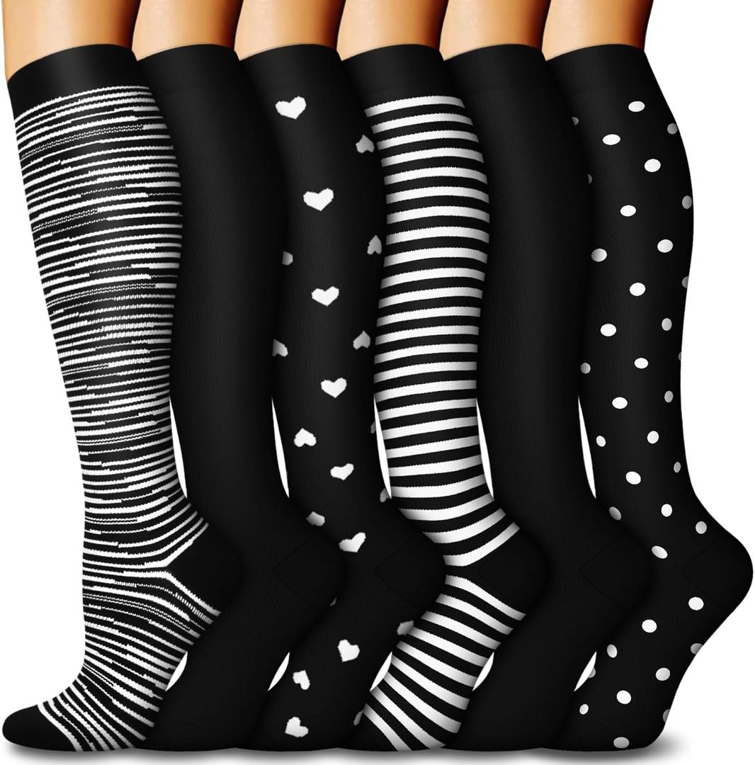 FuelMeFoot 6 Pairs Compression Socks for Women & Men 15-20mmHg Graduated Support Knee High Socks for Nurses, Travel, Athletic (Large-X-Large, 10 - Black)