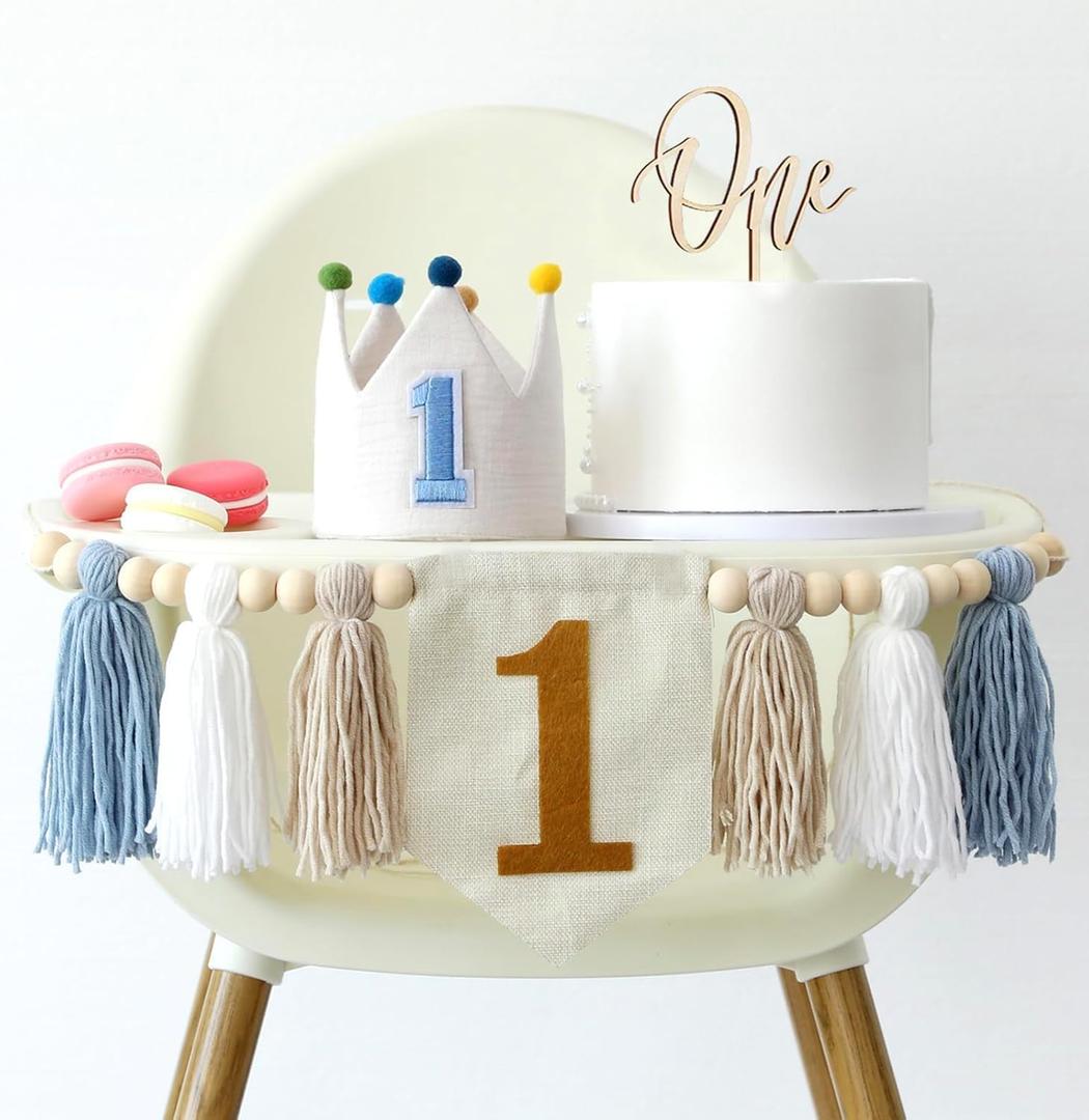 Baby Boy First Birthday Party Decorations Blue High Chair Banner 1st Birthday Crown Cake Topper 1st Decor