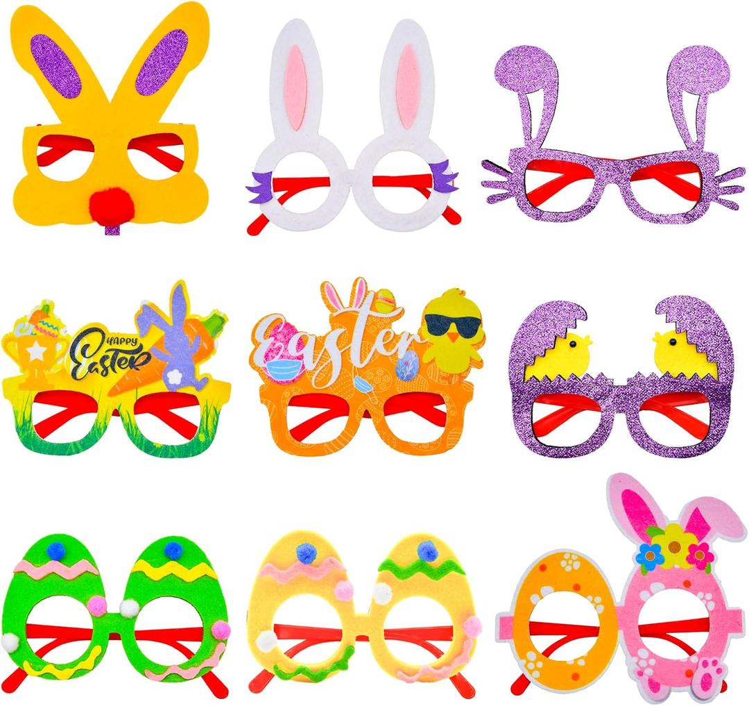 9 Pcs Easter Glasses Party Decor - Glitter Bunny and Egg Sunglasses Frames, Novelty Costume Eyeglasses Photo Props for Adults and Kids, Spring Holiday Favors for Fun Parties, Easter Day Celebrations