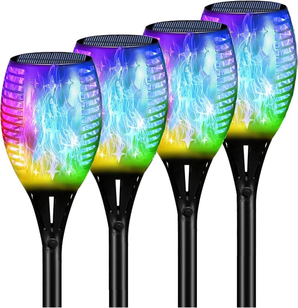 YoungPower Multi Color Halloween RGB Christmas Outdoor Solar Torch Lights, Flickering Flame Solar Garden Lights Decoration Waterproof Outside Yard Decor, 4 Pack