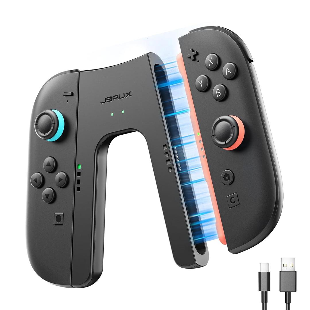 JSAUX Switch 2 Charging Grip for Switch 2, Magnetic Grip Controller Compatible with Switch 2 JoyPads, Play While Charging with LED Indicator& 1.5m/4.9ft Charger Cable-Black