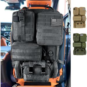 6 Pack Tactical MOLLE Car Seat Back Organizer - Universal Vehicle Storage Bag with 5 Detachable MOLLE Pouches, US Flag Patch & Keychain, Fits Jeep, Truck, SUV, Car (Black)