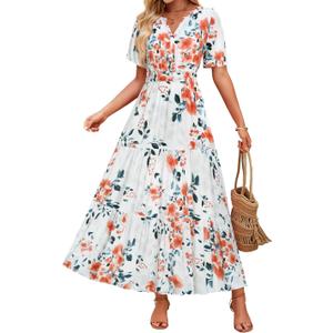 ZESICA Women's 2025 Summer Casual Floral Print Short Sleeve V Neck High Waist A Line Tiered Flowy Boho Maxi Dress 
X-Large