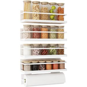 Magnetic Spice Rack for Refrigerator Magnetic Fridge Shelf for Kitchen Spice Organizer Magnetic Shelf for Fridge Space Saving White 4 Pack with Magnetic Paper Towel Holder