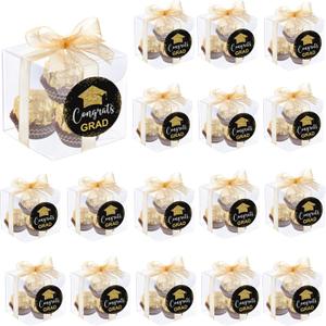 100 Set Graduation Clear Favor Boxes with Congrats Grad Labels Stickers 2 x 2 x 2 Inches Small Candy Containers Transparent Gift Boxes for Graduation Party Supply Candy Chocolate Macaron Packaging