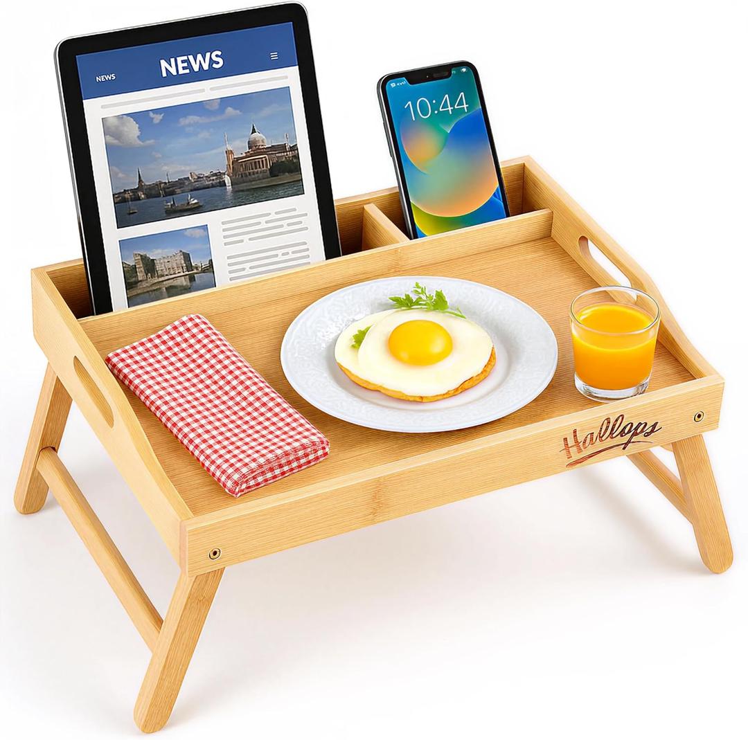 Hallops Bed Trays for Eating and Laptops - Adjustable, Foldable, and Spill-Resistant Table Tray - 2 Media Slots for Phones/Tablets - Lap Trays for Eating on Couch - 2.3" Hx15.7''Lx11''W (Bamboo)