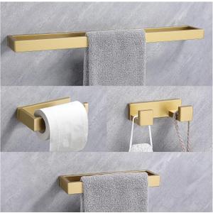 Lairuier Bathroom Hardware Accessories Set, Brushed Gold 4-Piece Bathroom Hardware Set Including Towel Bar,Towel Holder, Toilet Paper Holder, Towel Hook, Stainless Steel Bath Towel Bar Set