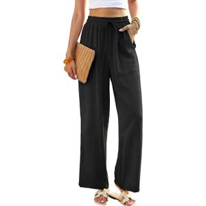 Black Linen Wide Leg Pants for Women, Beach Cover Up Palazzo Pant with Pocket, Summer High Waisted Pant Travel