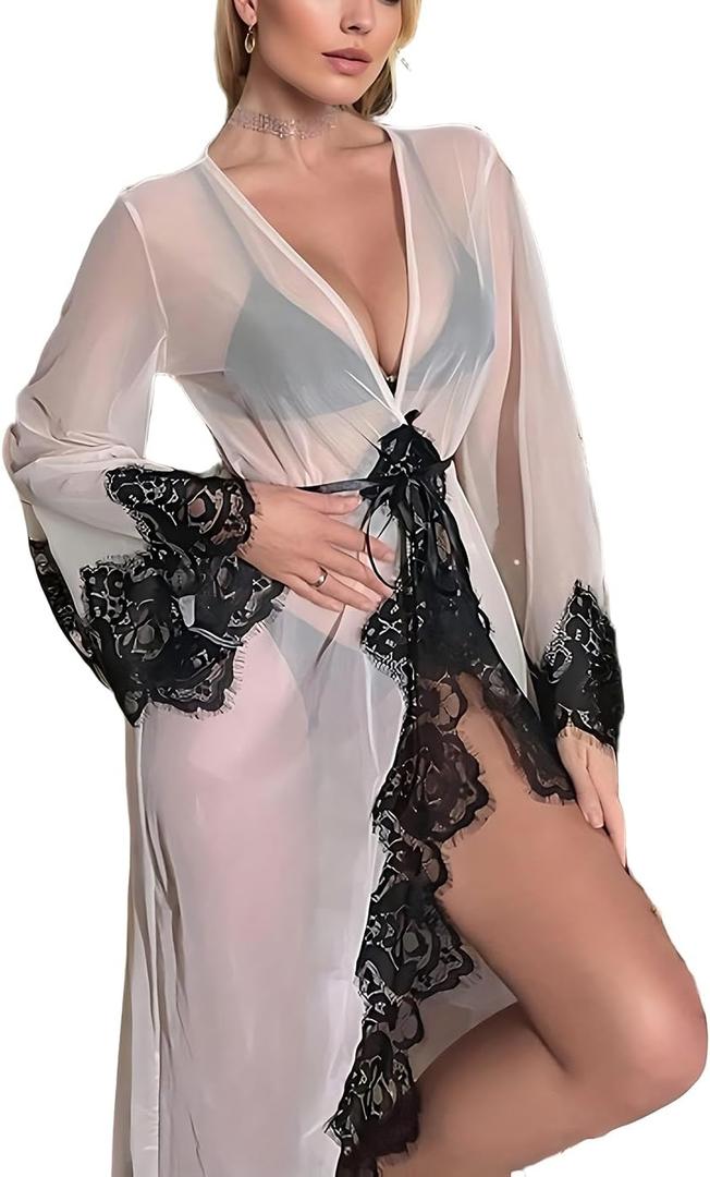 Womens Dressing Gowns See Through Long Kimono Morning Robe Lace Trim Sleepwear Plus Size Loungewear (White)