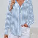 Women's Business Casual Tops Summer Long Sleeve Button Down Shirts V Neck Chiffon Blouses (Blue, S)