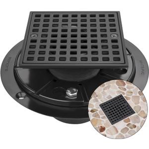 Matte Black 4 Inch Square Shower Drain with ABS Flange for 2 or 3 Inch Pipe - Low Profile 304 SS Shower Floor Drain Kit with Hair Carcher&CUPC - Strainer for Bathroom,Laundry Room