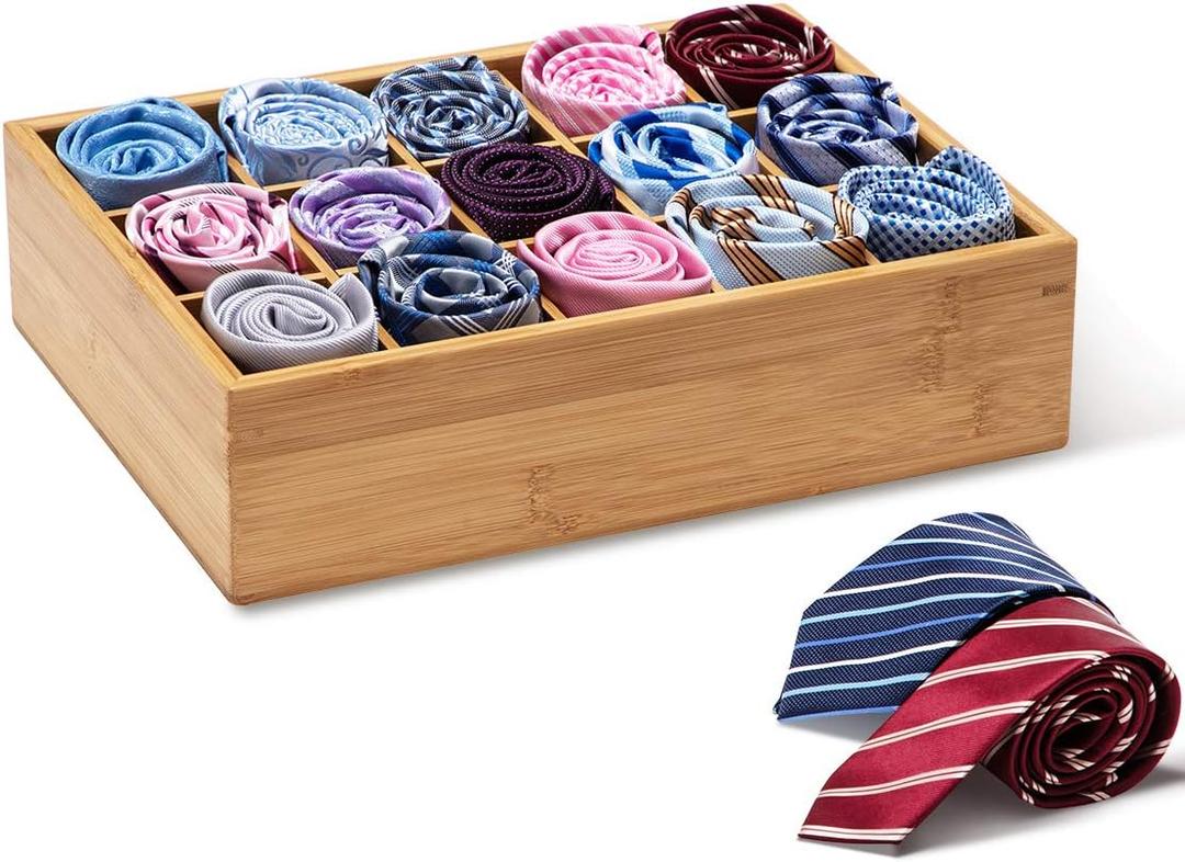 GOBAM Bamboo Closet Drawer Divider - Storage Organizer with 15 Compartments, Drawer Organizer, Storage Box for Belts, Ties, Bras, Briefs, Socks & Jewelry - Natural