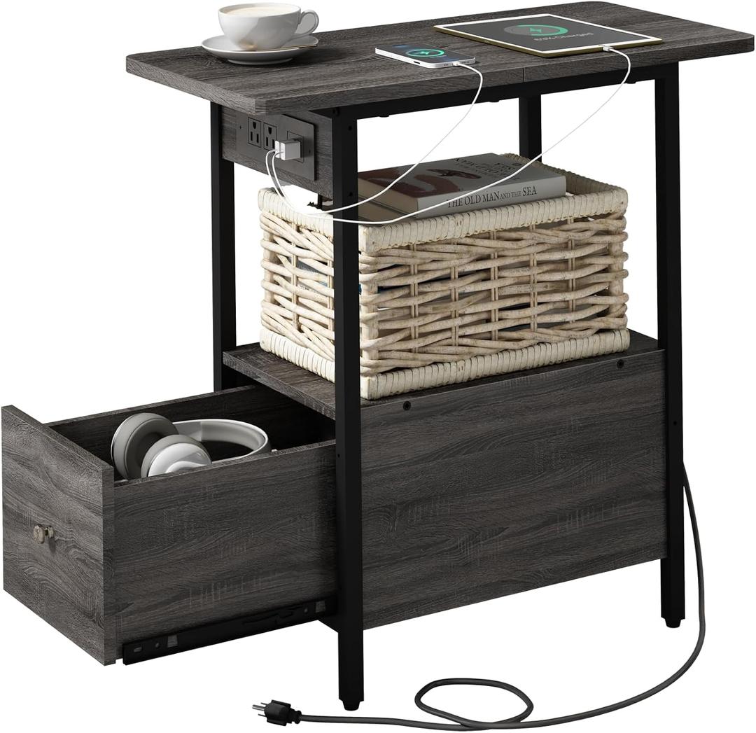 LIDYUK End Table with Charging Station, Narrow Side Table with Drawer and USB Ports & Power Outlets, Nightstand Bedside Tables for Small Spaces, Bedroom, Living Room, Dark Grey (Pack of 1), 13.78"D x 6.85"W x 17"H