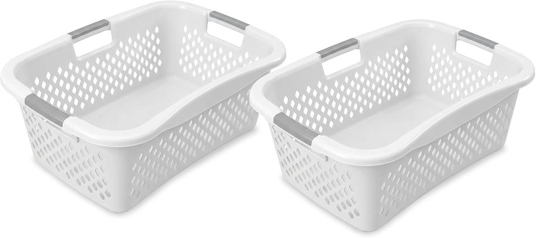 2 x Home Logic 1.5 Bushel Plastic Laundry Basket Front Load, Large Laundry Hamper with Handles, Ventilated Clothes Organizer for Bedroom Bathroom Closet, 2 Pack, White